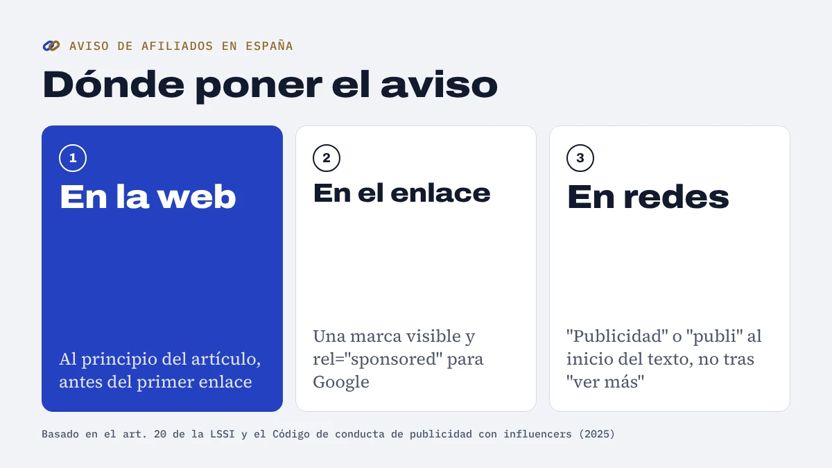 Esquema de dónde poner el aviso de afiliados: al principio del artículo, junto al enlace y al inicio del texto en redes sociales