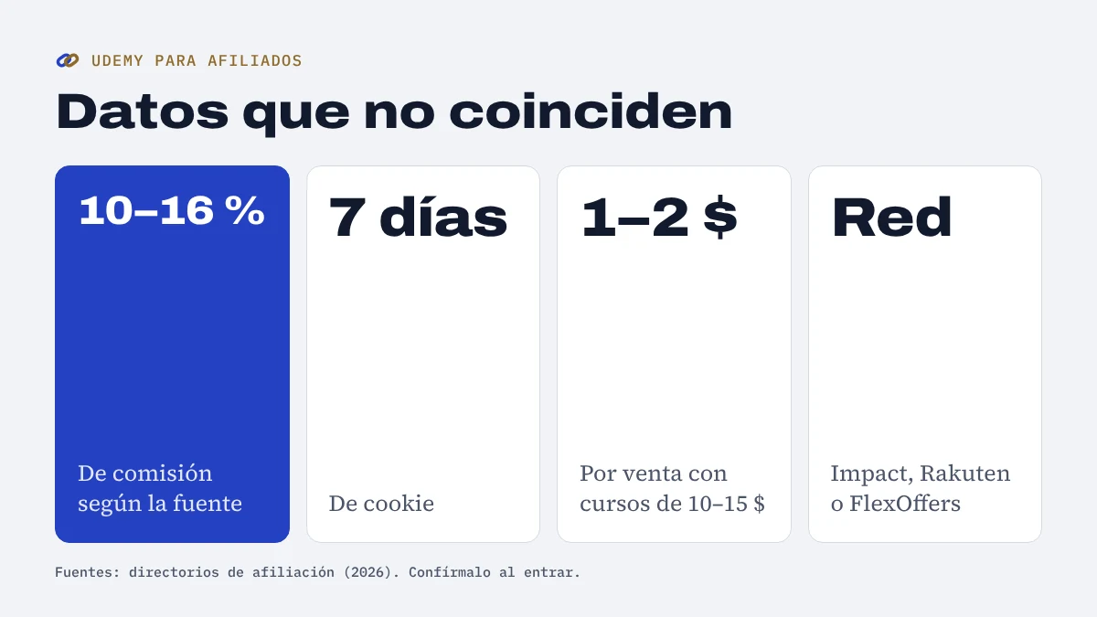 Datos del programa de afiliados de Udemy que no coinciden entre fuentes: comisión del 10 al 16 %, cookie de 7 días, 1 o 2 dólares por venta y red sin aclarar